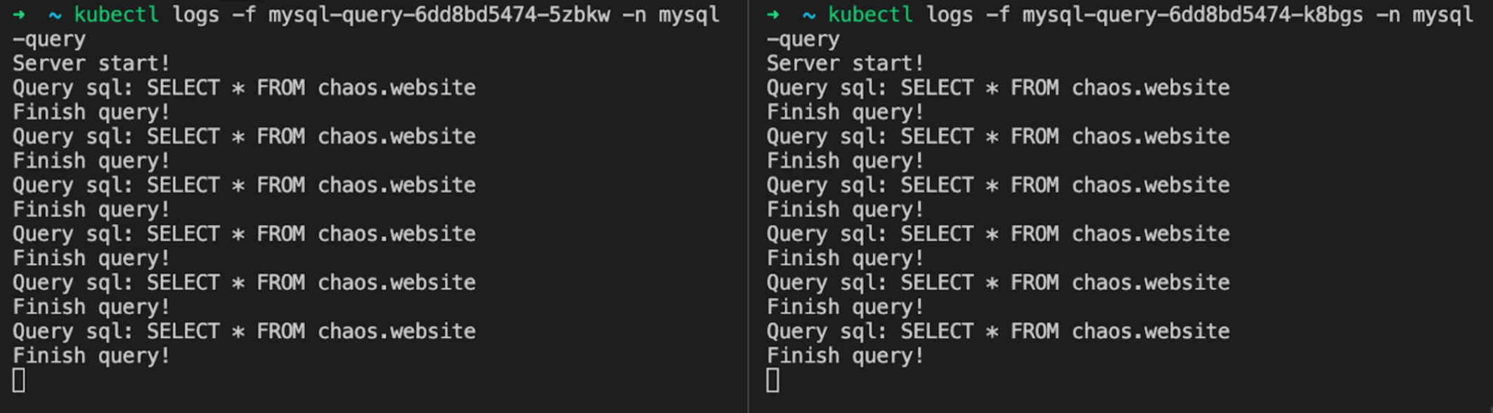 Two mysql-query Pods